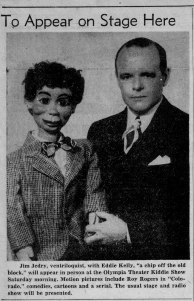 Jim Jedry and Little Eddie Kelly, a ventriloquist figure attributed to Frank Marshall